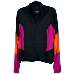 Spanx Mod Bod Black Neon Pink Orange Colorblock Full Zipped Jacket Size XL